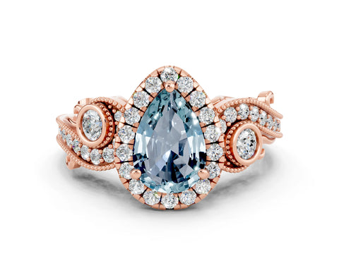Rose gold Pear Cut Aquamarine Halo Ring with Milgrain Pavé Band and Four-Prong Setting_12