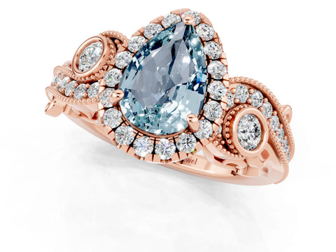 Rose gold Pear Cut Aquamarine Halo Ring with Milgrain Pavé Band and Four-Prong Setting_13