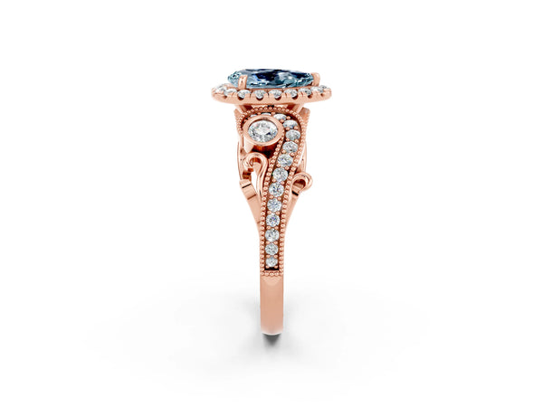 Rose gold Pear Cut Aquamarine Halo Ring with Milgrain Pavé Band and Four-Prong Setting