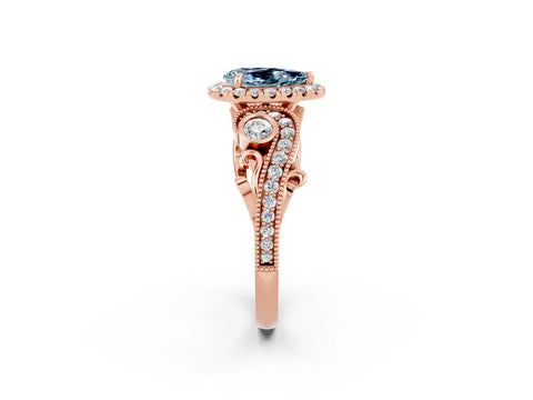 Rose gold Pear Cut Aquamarine Halo Ring with Milgrain Pavé Band and Four-Prong Setting_14