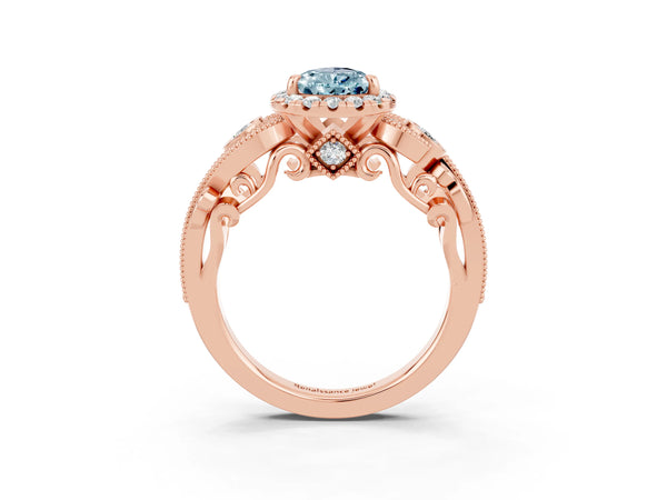 Rose gold Pear Cut Aquamarine Halo Ring with Milgrain Pavé Band and Four-Prong Setting