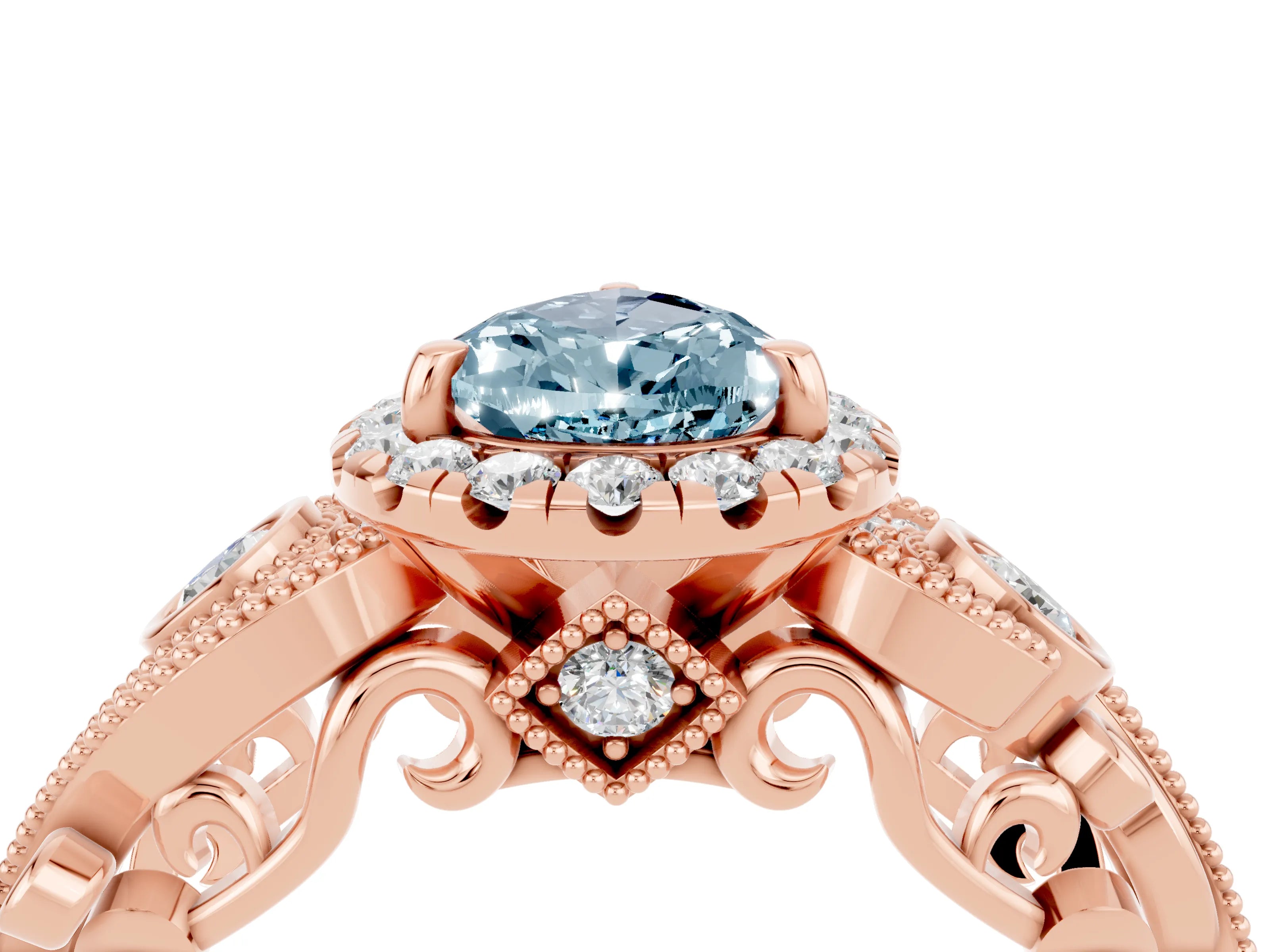 Rose gold Pear Cut Aquamarine Halo Ring with Milgrain Pavé Band and Four-Prong Setting_16