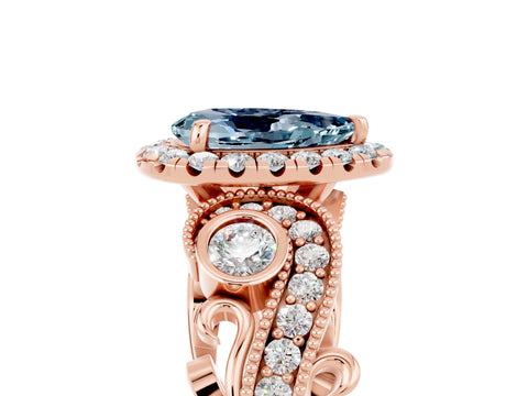 Rose gold Pear Cut Aquamarine Halo Ring with Milgrain Pavé Band and Four-Prong Setting_17