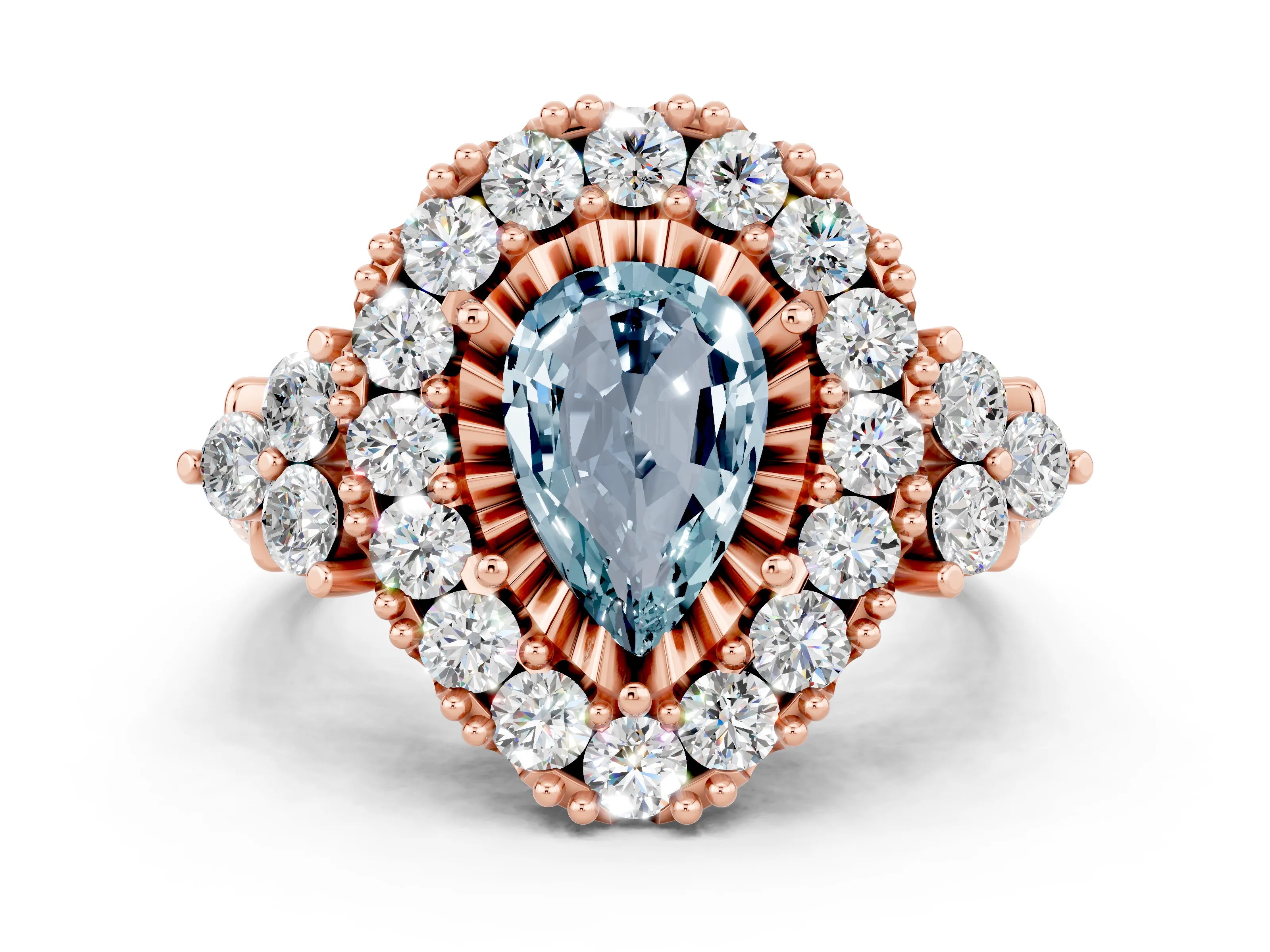 Rose gold Pear Cut Aquamarine Halo Ring with Pavé Band and Four-Prong Setting_12