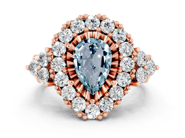 Rose gold Pear Cut Aquamarine Halo Ring with Pavé Band and Four-Prong Setting