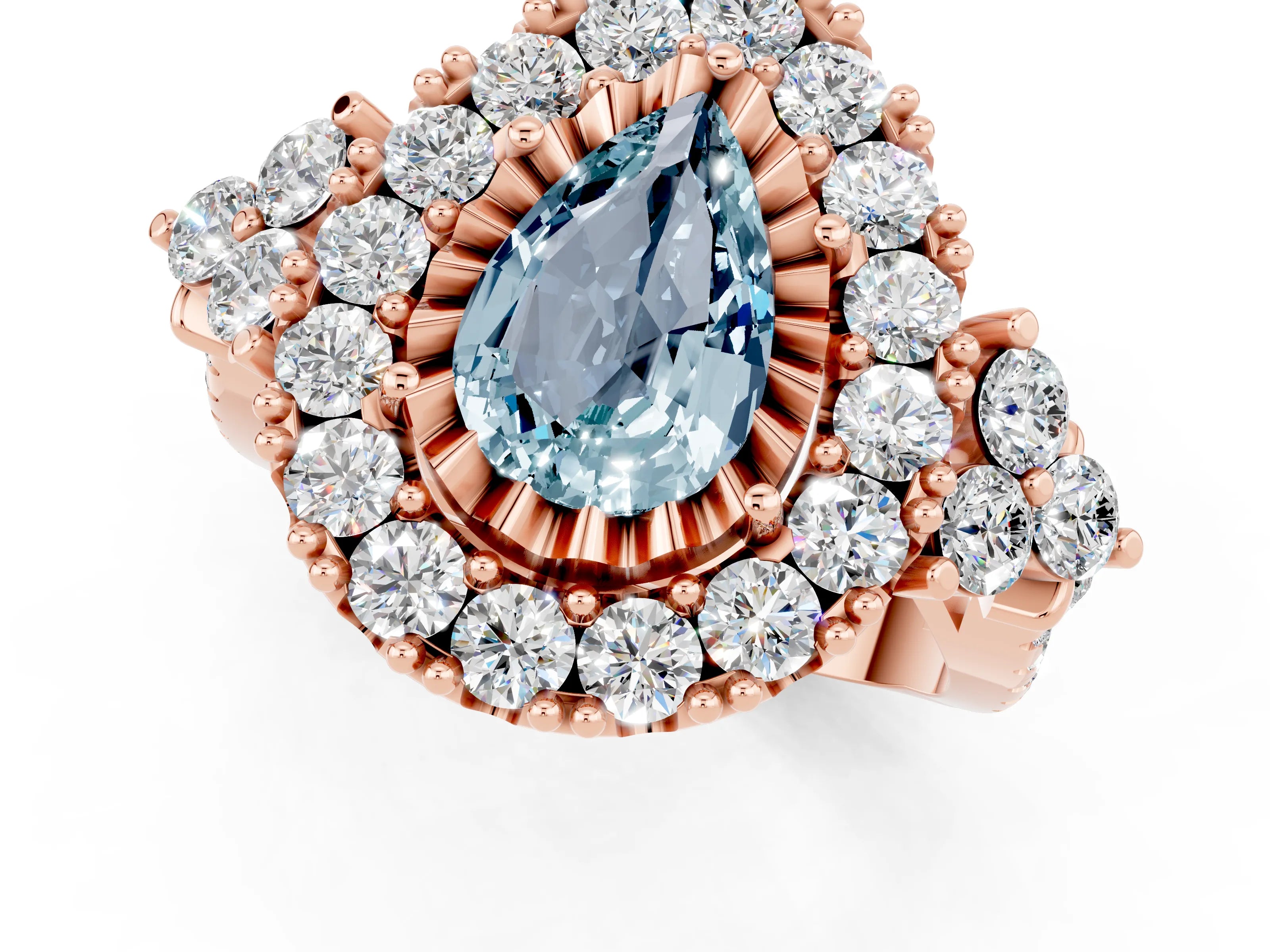 Rose gold Pear Cut Aquamarine Halo Ring with Pavé Band and Four-Prong Setting_13