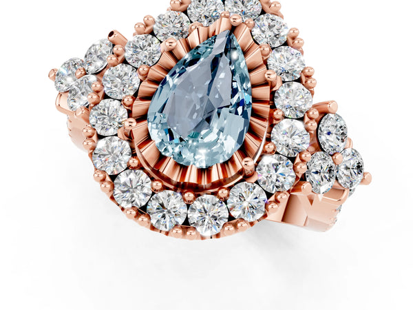 Rose gold Pear Cut Aquamarine Halo Ring with Pavé Band and Four-Prong Setting