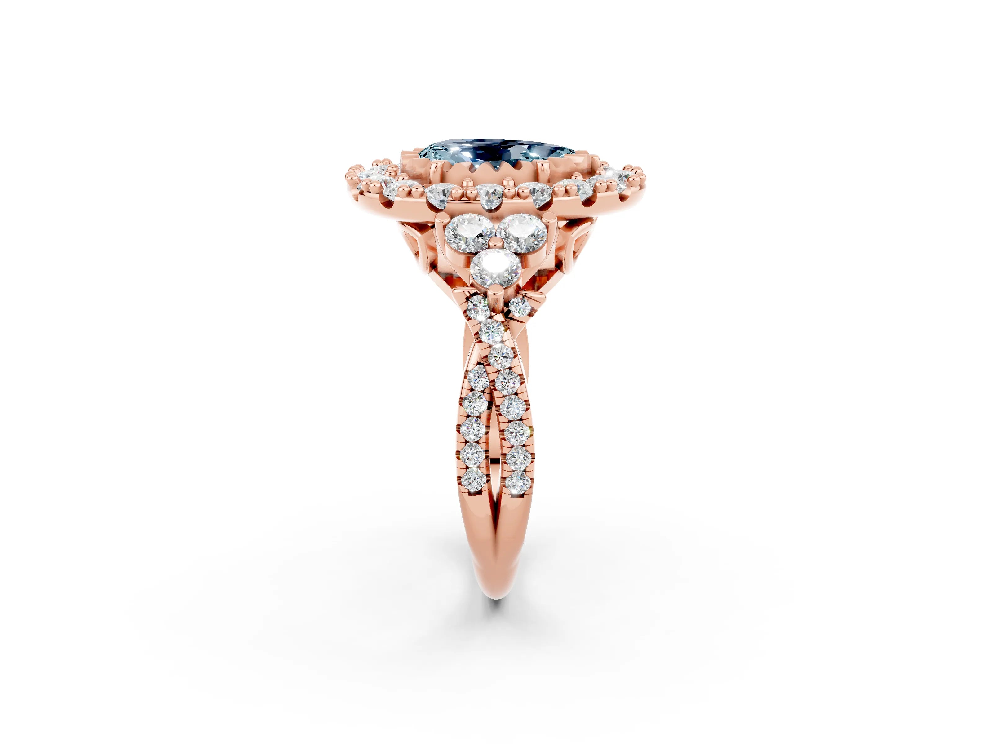 Rose gold Pear Cut Aquamarine Halo Ring with Pavé Band and Four-Prong Setting_14