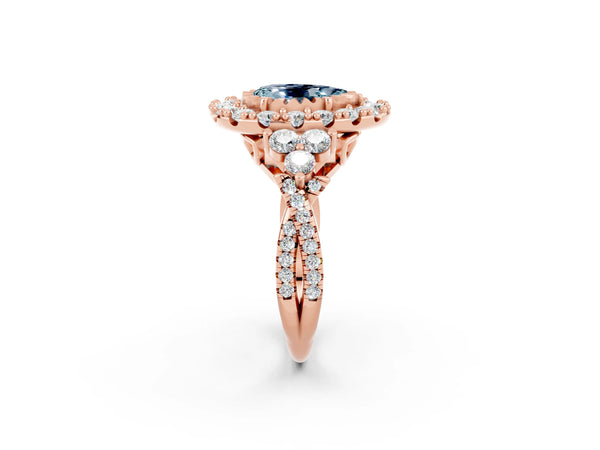 Rose gold Pear Cut Aquamarine Halo Ring with Pavé Band and Four-Prong Setting