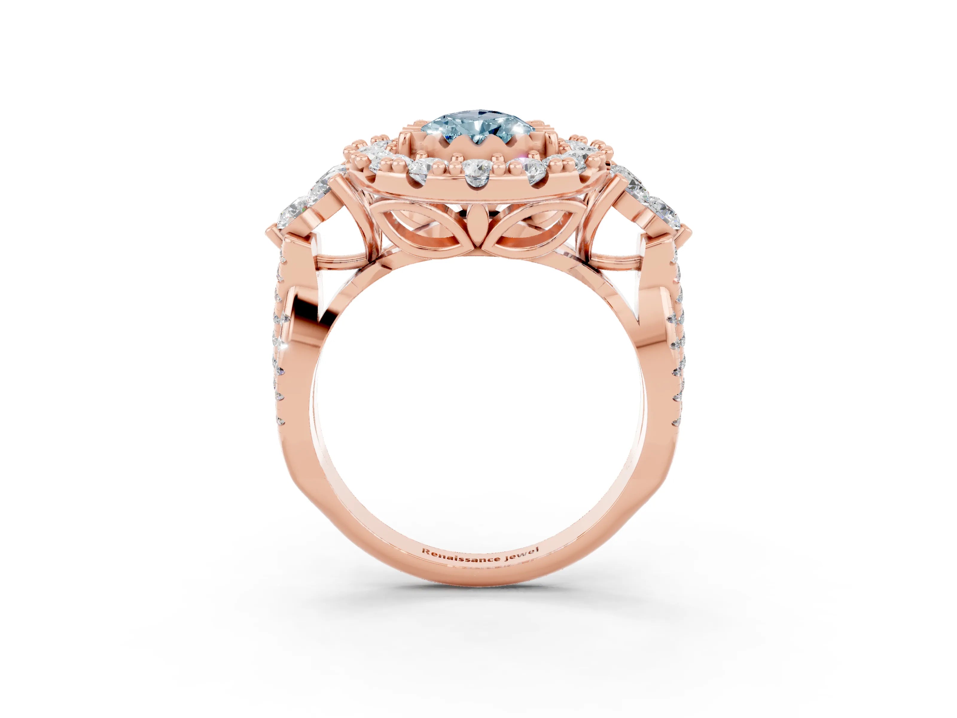 Rose gold Pear Cut Aquamarine Halo Ring with Pavé Band and Four-Prong Setting_15