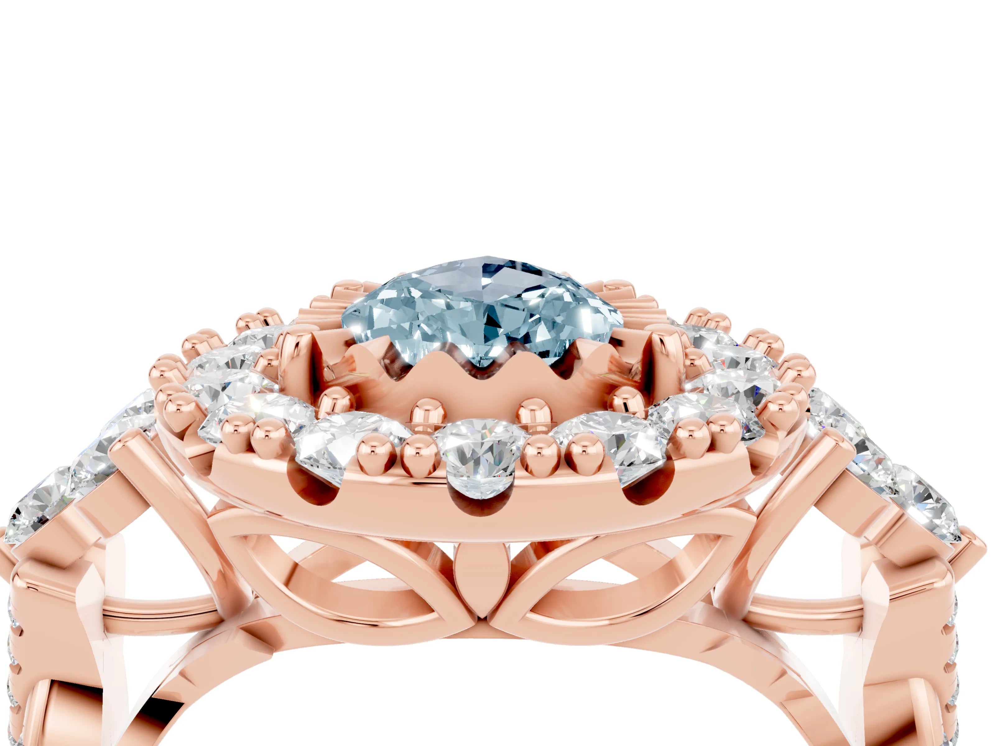 Rose gold Pear Cut Aquamarine Halo Ring with Pavé Band and Four-Prong Setting_16