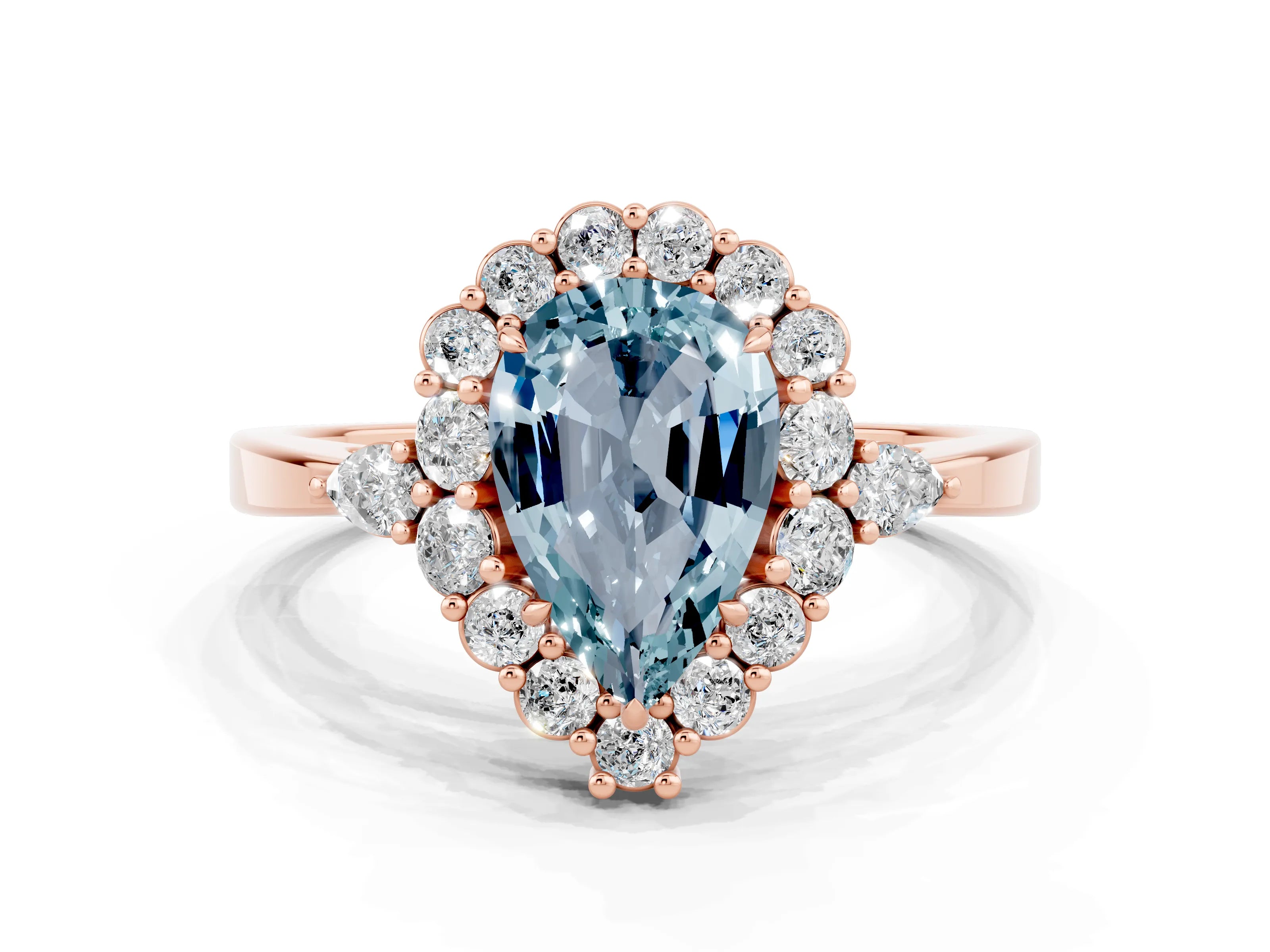 Rose gold Pear Cut Aquamarine Halo Ring with Pear Side Stones and Prong Setting_12