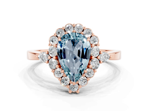 Rose gold Pear Cut Aquamarine Halo Ring with Pear Side Stones and Prong Setting