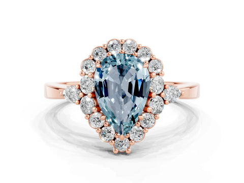 Rose gold Pear Cut Aquamarine Halo Ring with Pear Side Stones and Prong Setting_12
