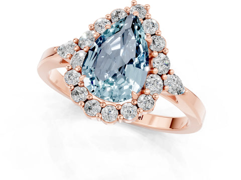 Rose gold Pear Cut Aquamarine Halo Ring with Pear Side Stones and Prong Setting_13