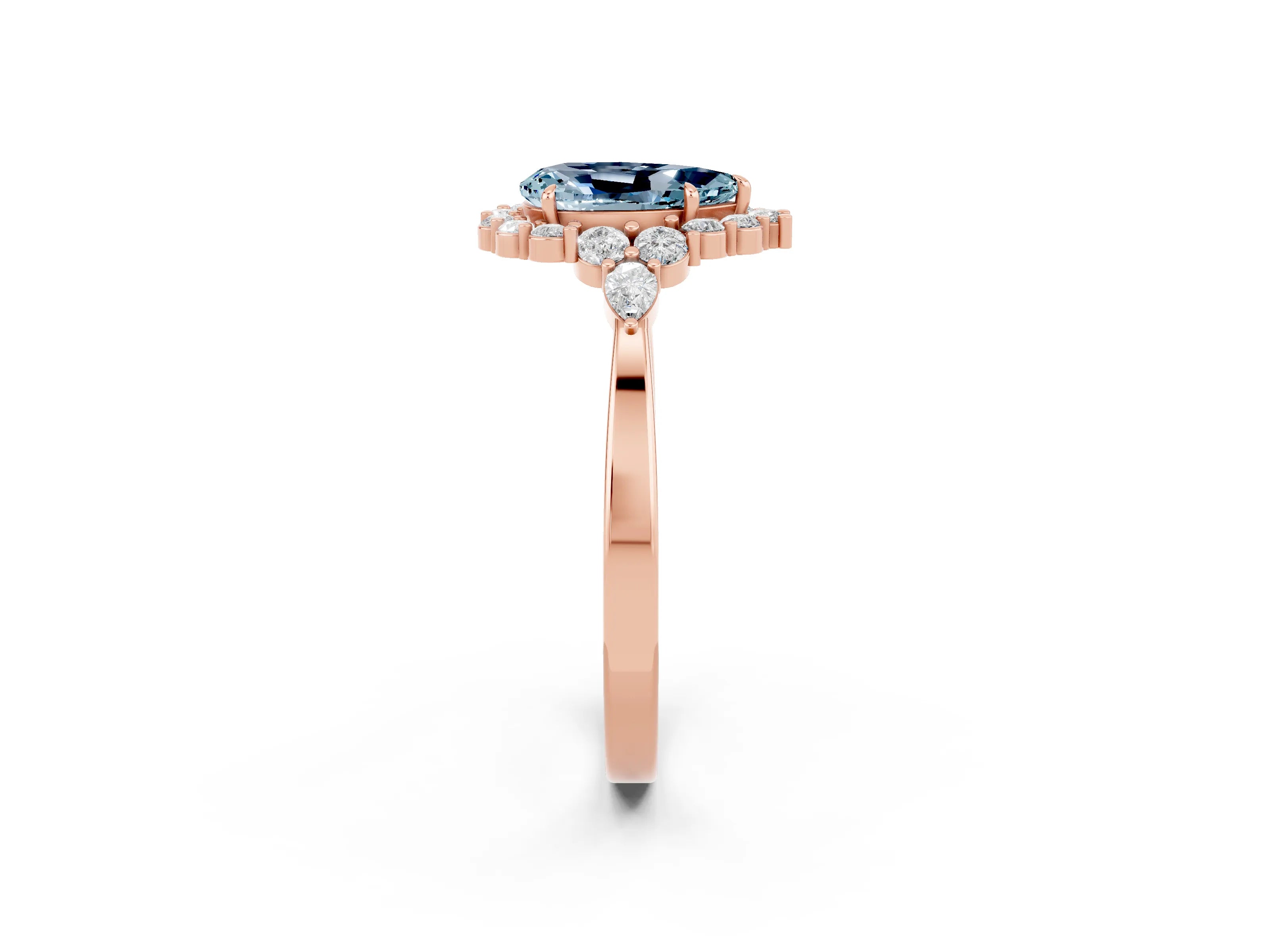 Rose gold Pear Cut Aquamarine Halo Ring with Pear Side Stones and Prong Setting_14