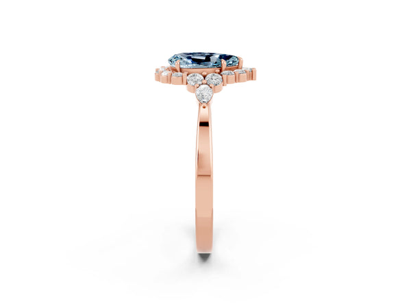 Rose gold Pear Cut Aquamarine Halo Ring with Pear Side Stones and Prong Setting