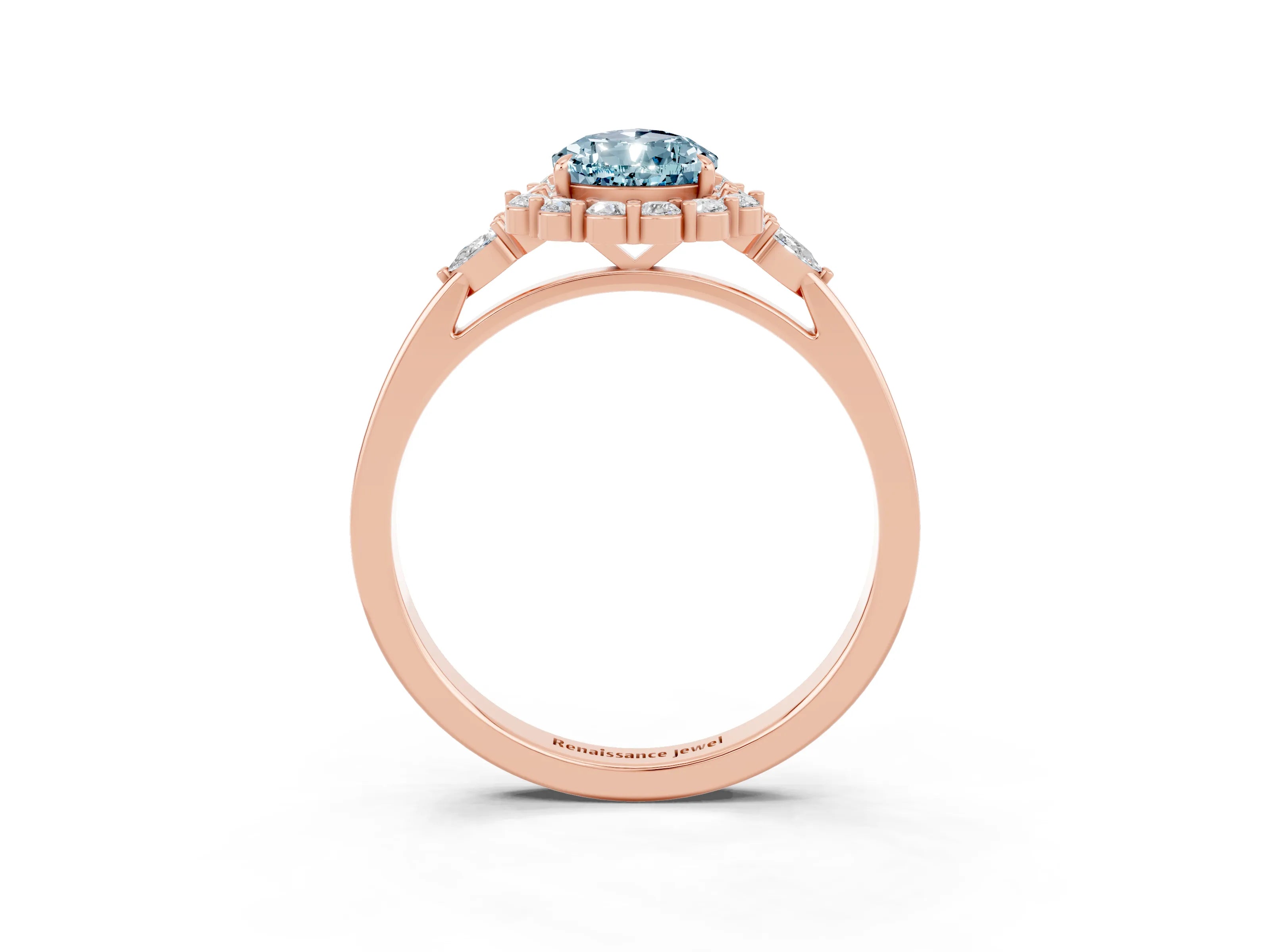 Rose gold Pear Cut Aquamarine Halo Ring with Pear Side Stones and Prong Setting_15
