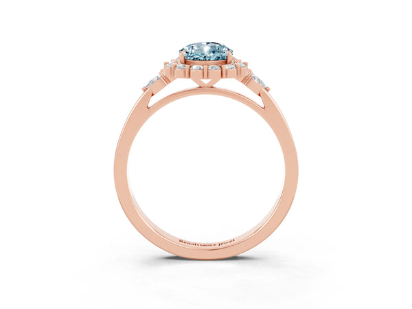 Rose gold Pear Cut Aquamarine Halo Ring with Pear Side Stones and Prong Setting