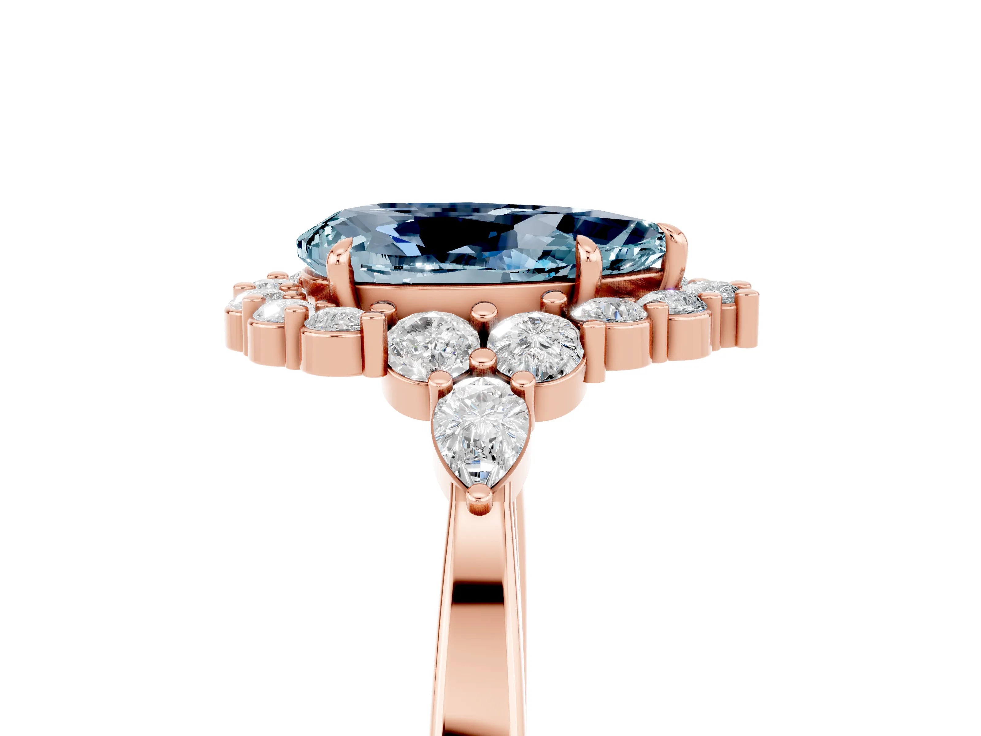 Rose gold Pear Cut Aquamarine Halo Ring with Pear Side Stones and Prong Setting_17