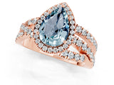 Rose gold Pear Cut Aquamarine Halo Ring with Round Split Shank and Prong Setting_61