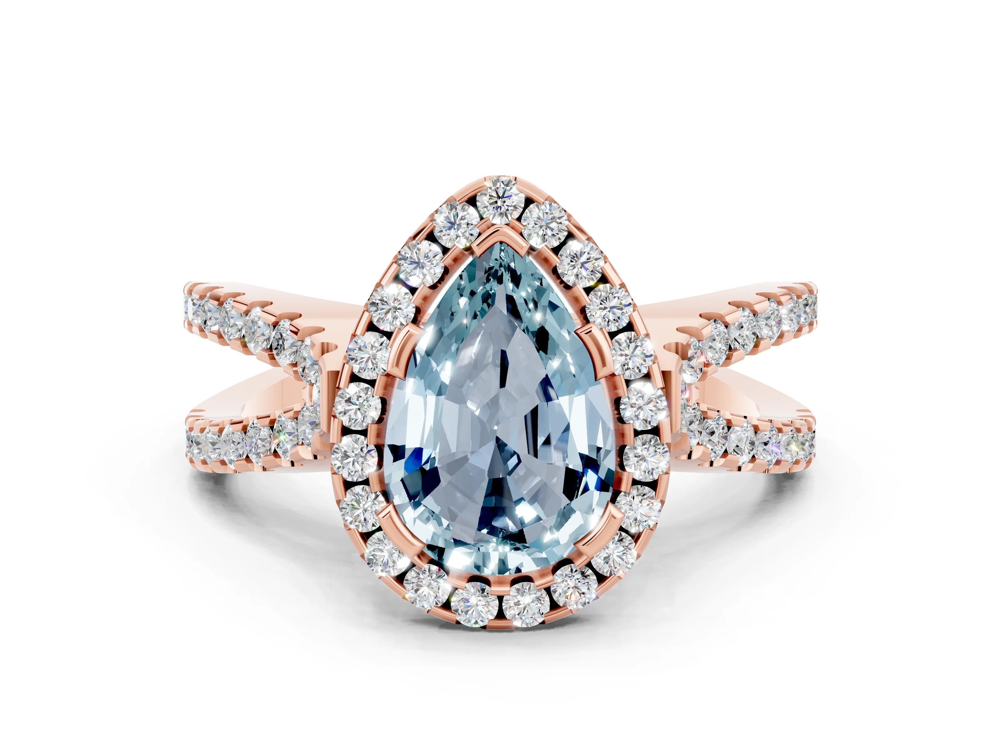 Rose gold Pear Cut Aquamarine Halo Ring with Split Shank Pavé Band and Prong Setting
