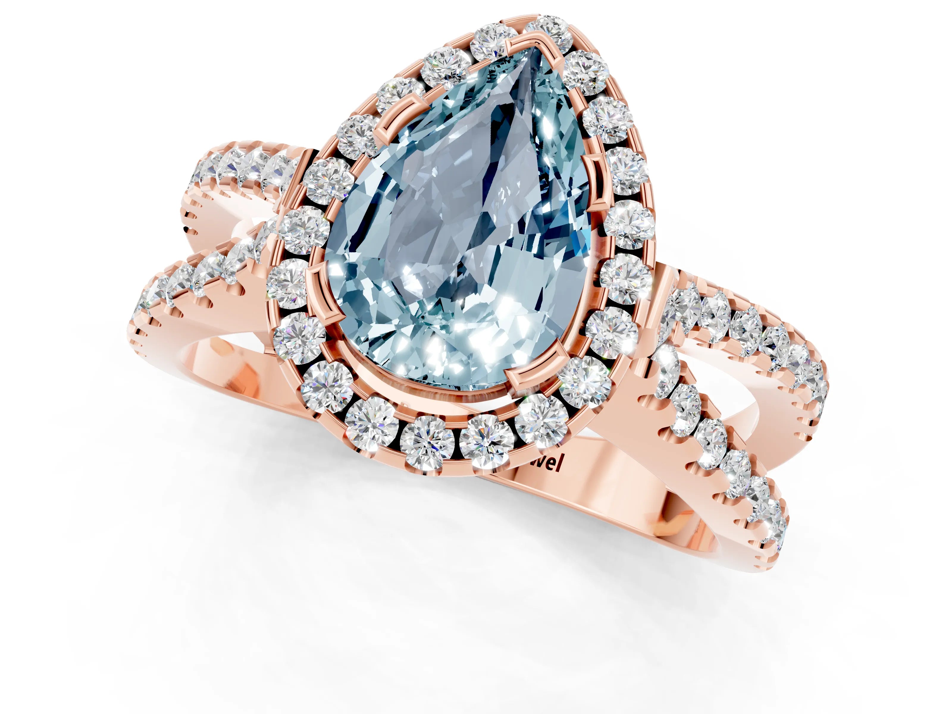 Rose gold Pear Cut Aquamarine Halo Ring with Split Shank Pavé Band and Prong Setting_1