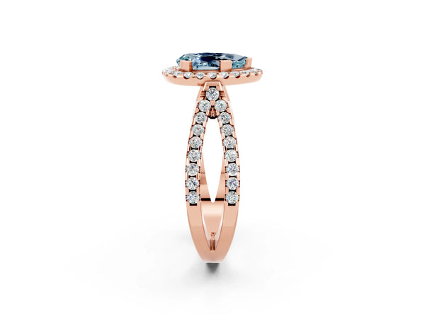 Rose gold Pear Cut Aquamarine Halo Ring with Split Shank Pavé Band and Prong Setting