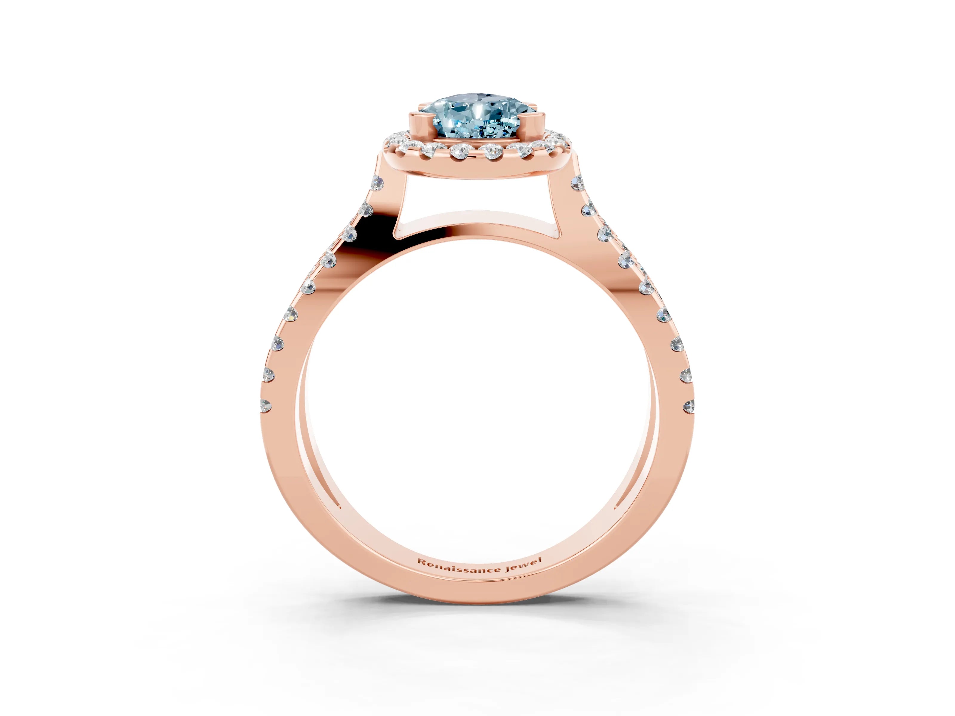 Rose gold Pear Cut Aquamarine Halo Ring with Split Shank Pavé Band and Prong Setting_3