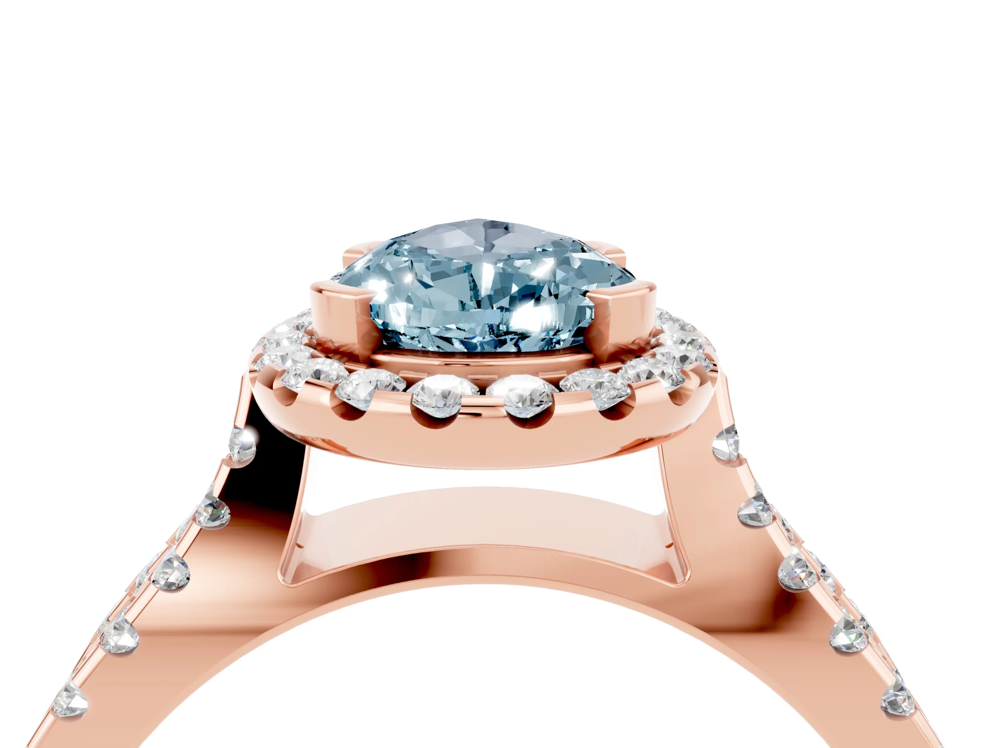 Rose gold Pear Cut Aquamarine Halo Ring with Split Shank Pavé Band and Prong Setting_4