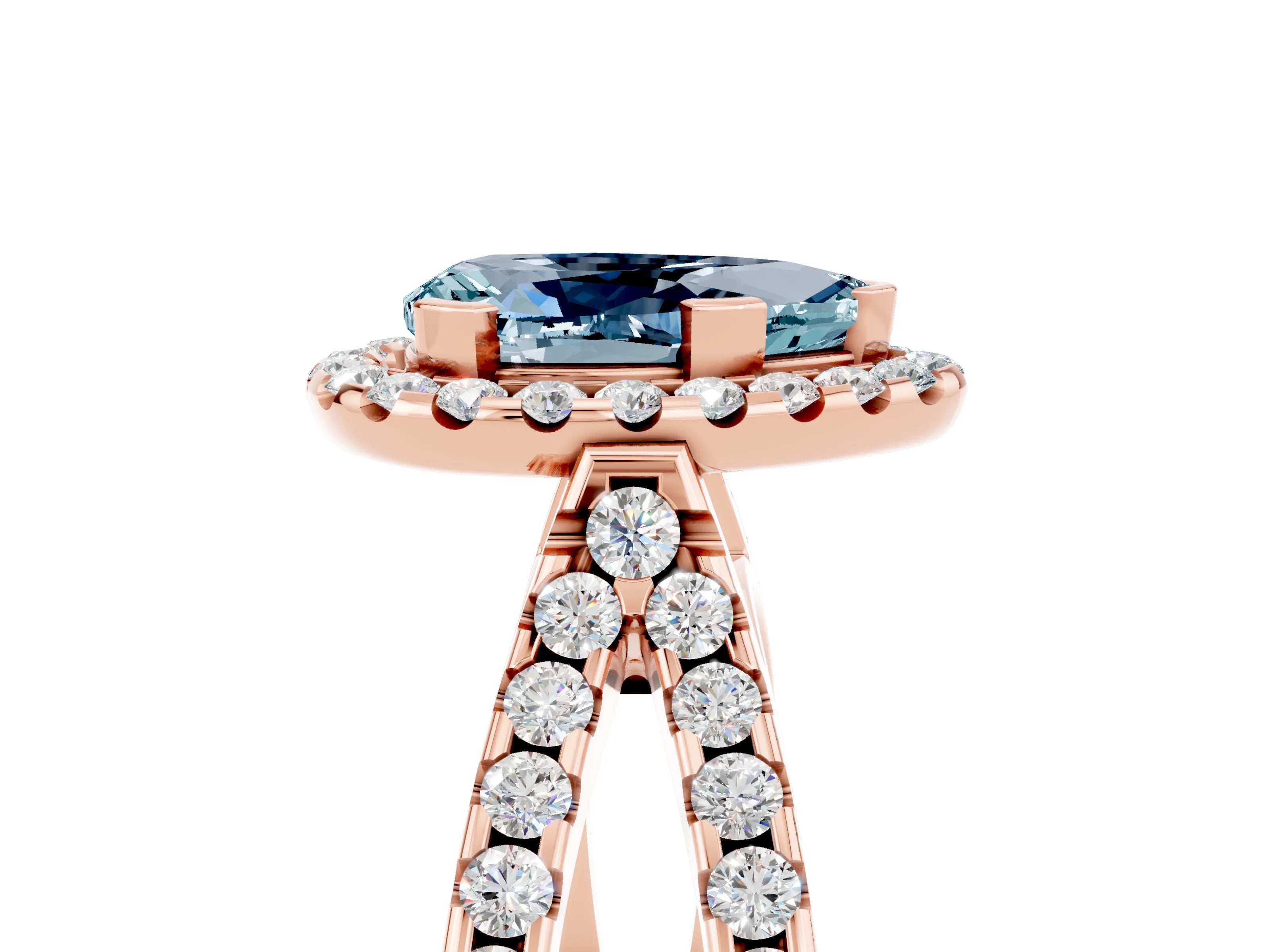 Rose gold Pear Cut Aquamarine Halo Ring with Split Shank Pavé Band and Prong Setting_5