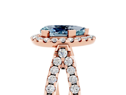 Rose gold Pear Cut Aquamarine Halo Ring with Split Shank Pavé Band and Prong Setting_5