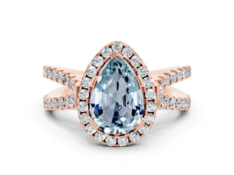 Rose gold Pear Cut Aquamarine Halo Ring with Split Shank Pavé Band and Prong Setting