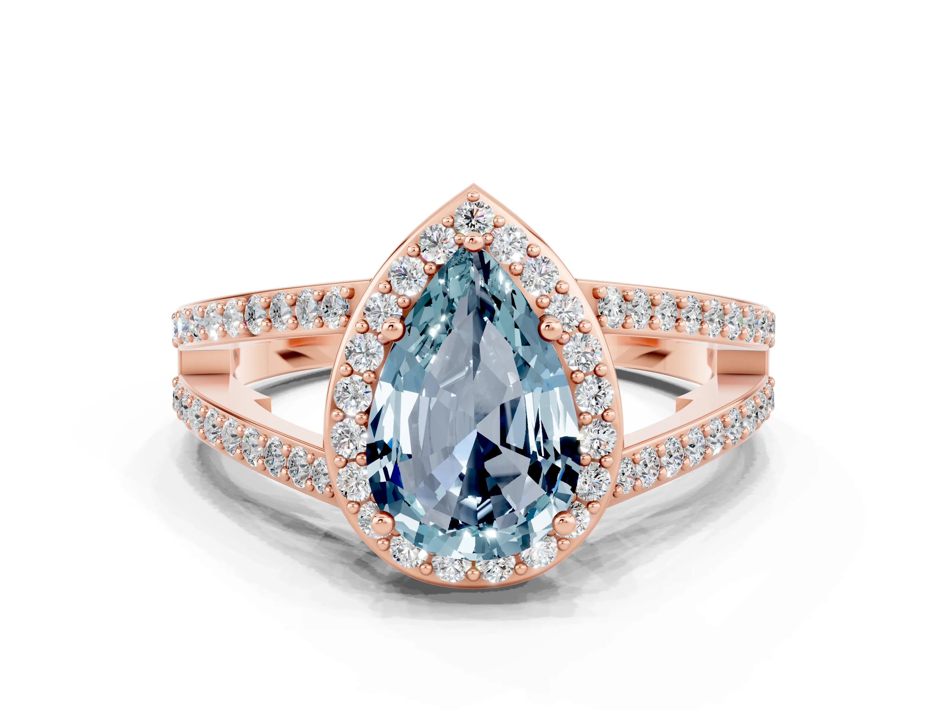 Rose gold Pear Cut Aquamarine Halo Ring with Split Shank U-Prong Band and Four-Prong Setting