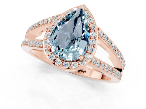 Rose gold Pear Cut Aquamarine Halo Ring with Split Shank U-Prong Band and Four-Prong Setting_1