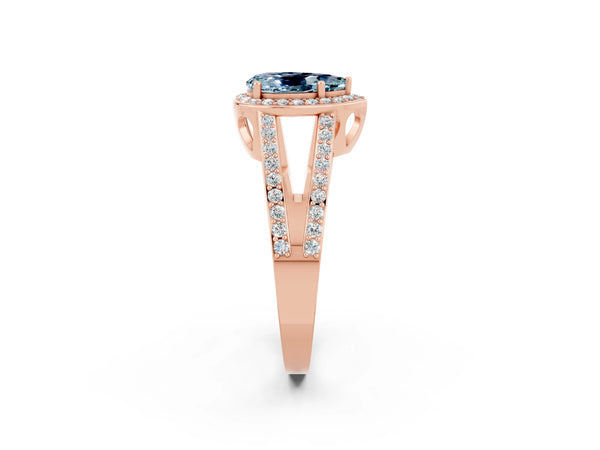 Rose gold Pear Cut Aquamarine Halo Ring with Split Shank U-Prong Band and Four-Prong Setting