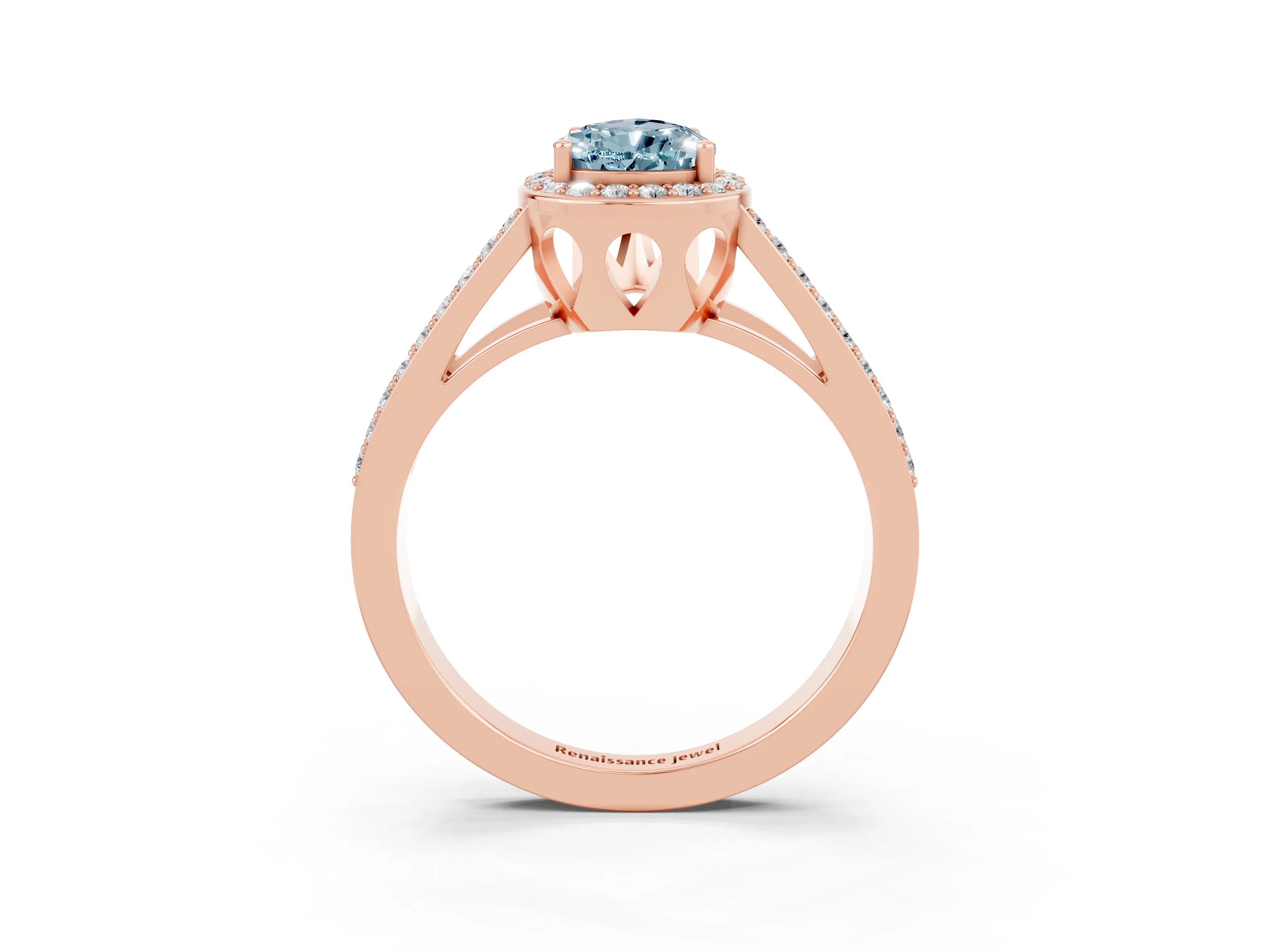 Rose gold Pear Cut Aquamarine Halo Ring with Split Shank U-Prong Band and Four-Prong Setting_3