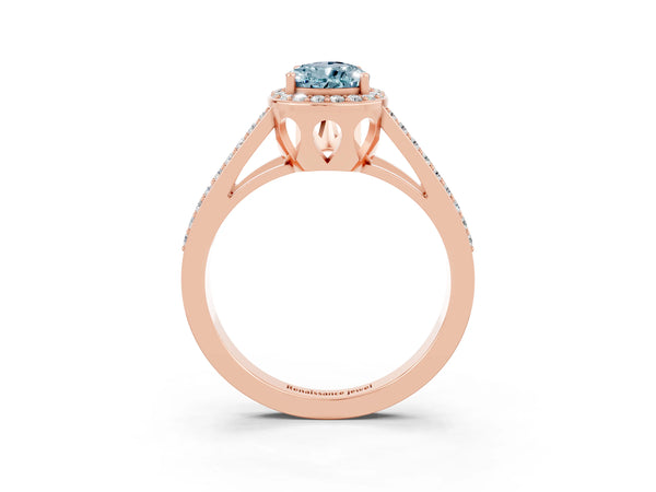 Rose gold Pear Cut Aquamarine Halo Ring with Split Shank U-Prong Band and Four-Prong Setting