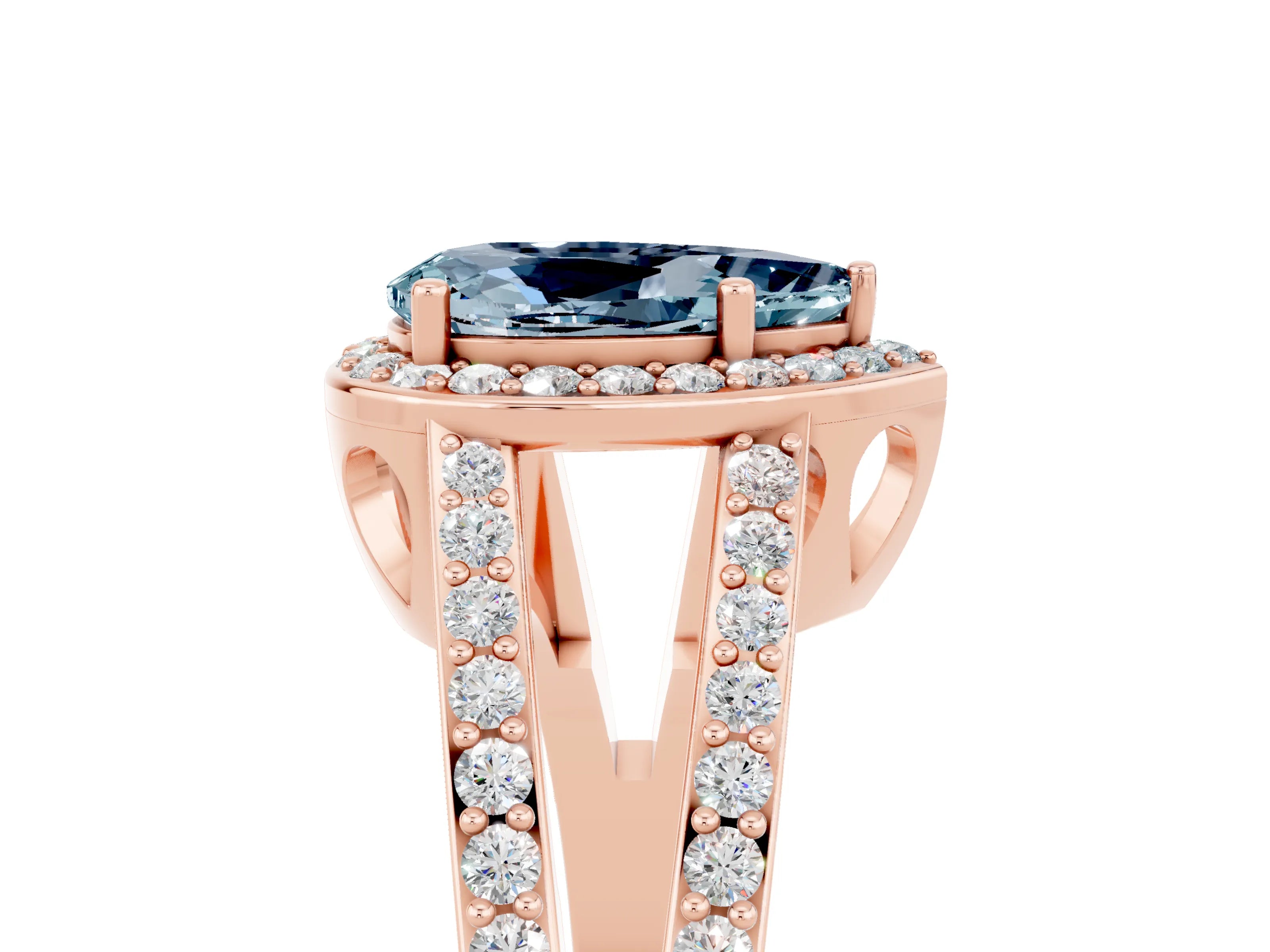 Rose gold Pear Cut Aquamarine Halo Ring with Split Shank U-Prong Band and Four-Prong Setting_5