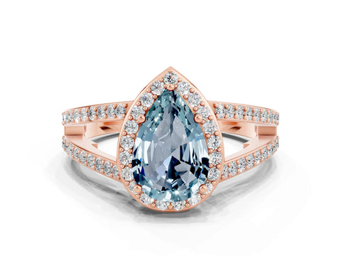 Rose gold Pear Cut Aquamarine Halo Ring with Split Shank U-Prong Band and Four-Prong Setting