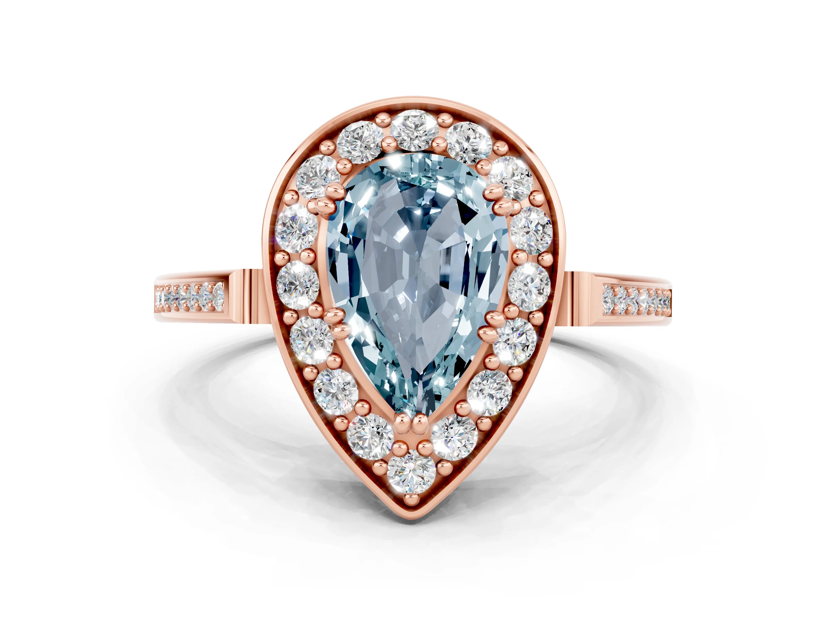 Rose gold Pear Cut Aquamarine Halo Ring with Split Shank and Four-Prong Setting