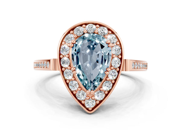 Rose gold Pear Cut Aquamarine Halo Ring with Split Shank and Four-Prong Setting