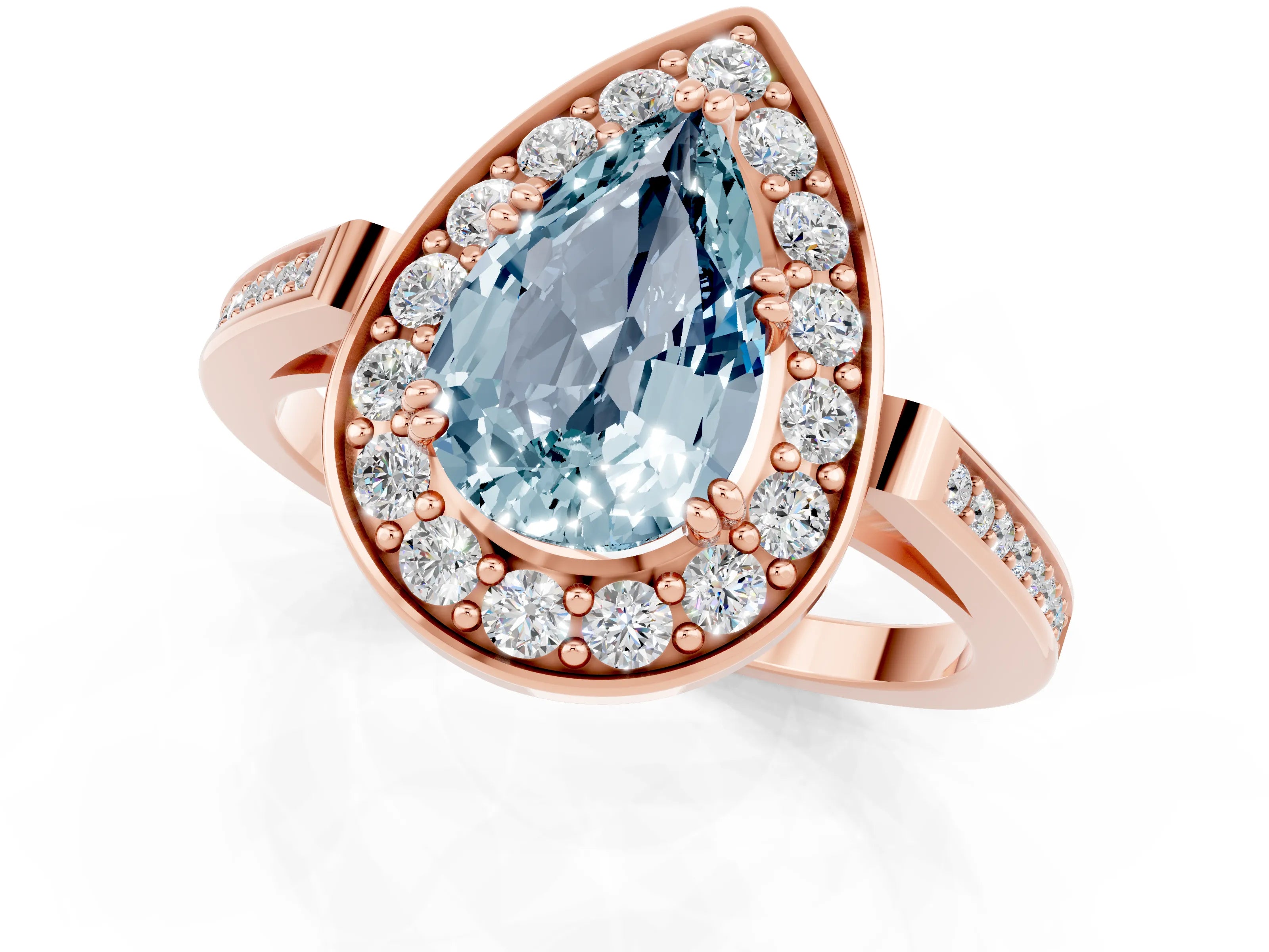 Rose gold Pear Cut Aquamarine Halo Ring with Split Shank and Four-Prong Setting_1