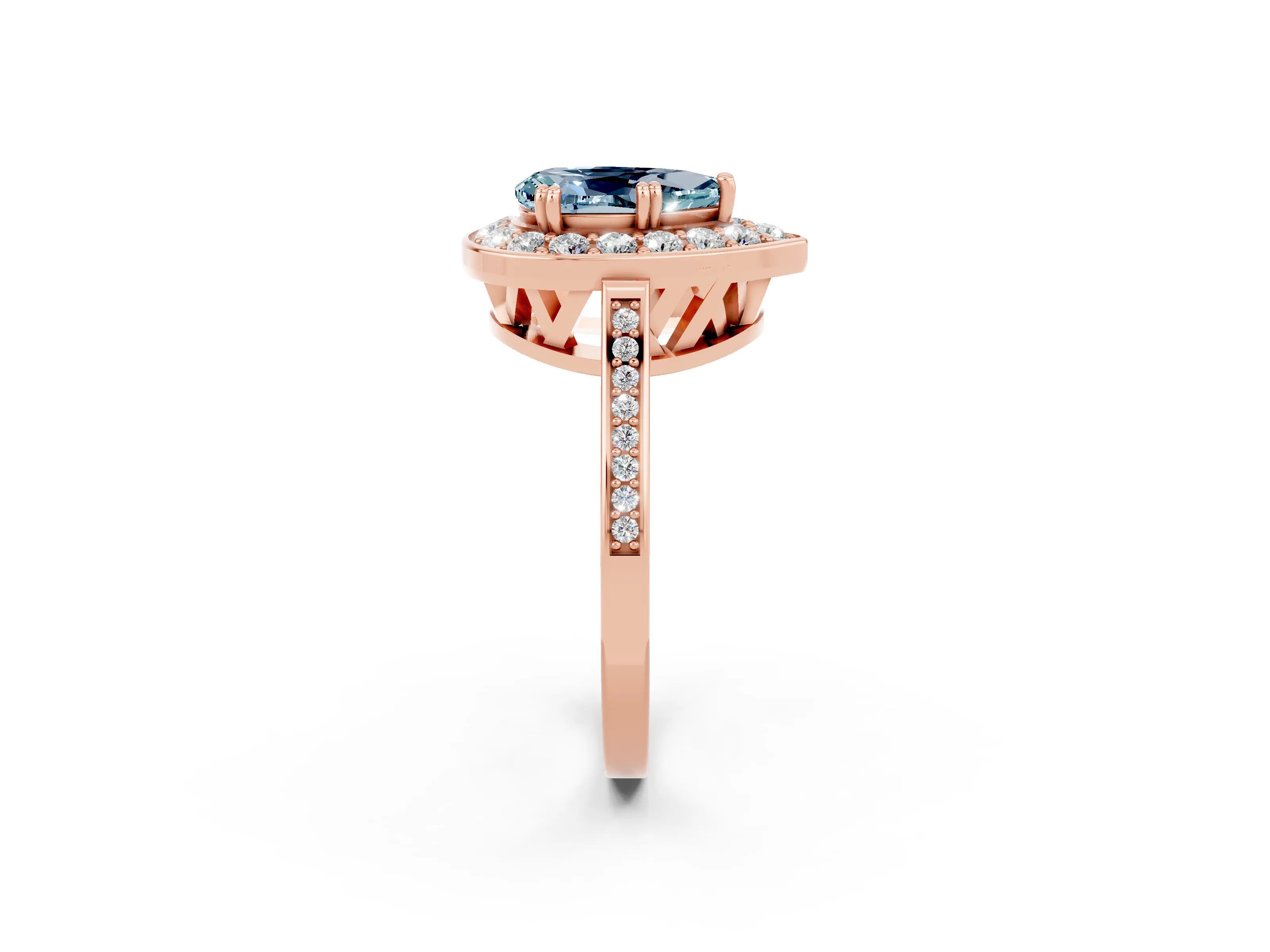 Rose gold Pear Cut Aquamarine Halo Ring with Split Shank and Four-Prong Setting_2