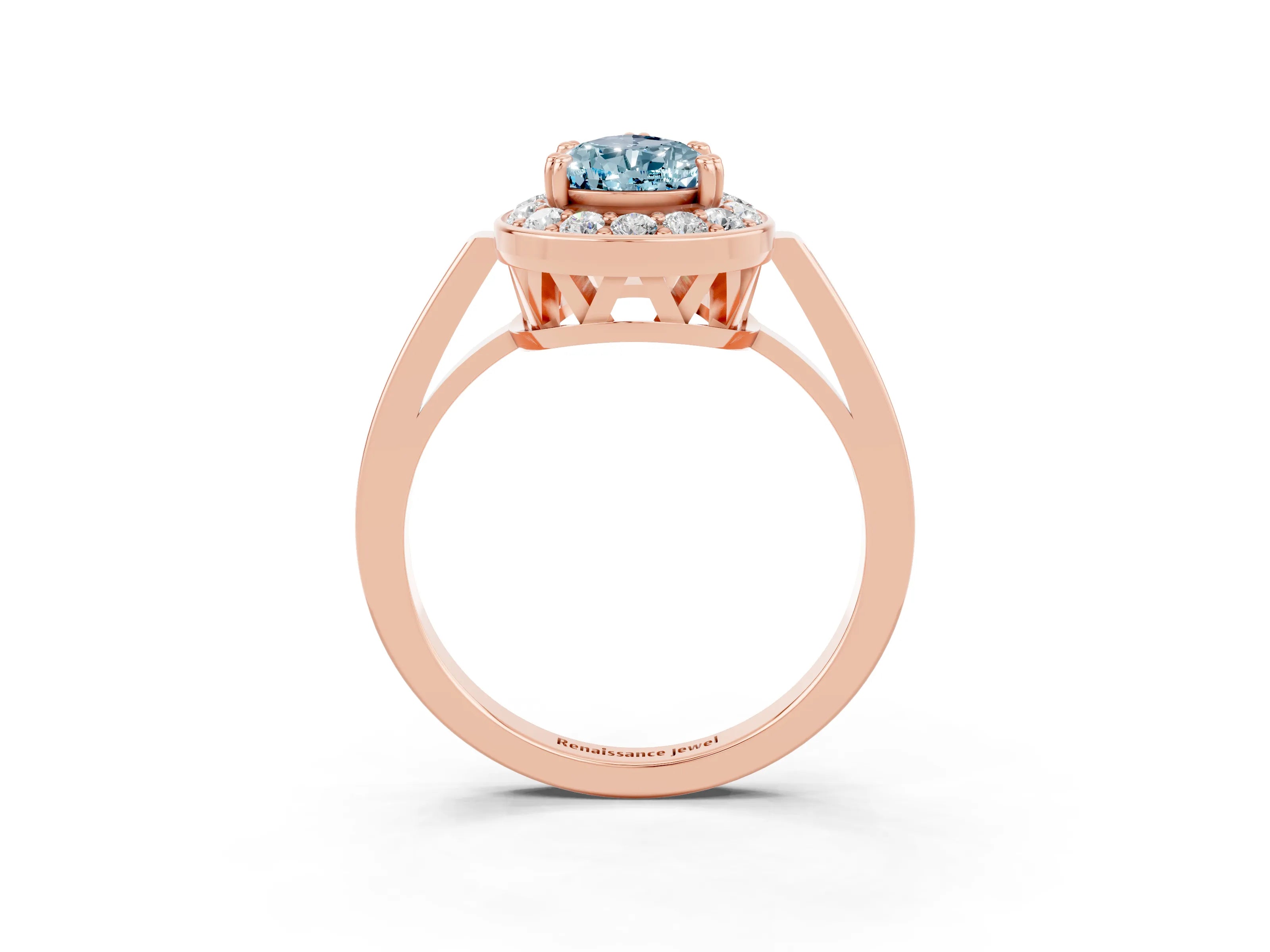 Rose gold Pear Cut Aquamarine Halo Ring with Split Shank and Four-Prong Setting_3