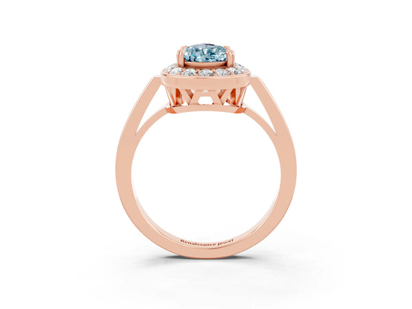Rose gold Pear Cut Aquamarine Halo Ring with Split Shank and Four-Prong Setting