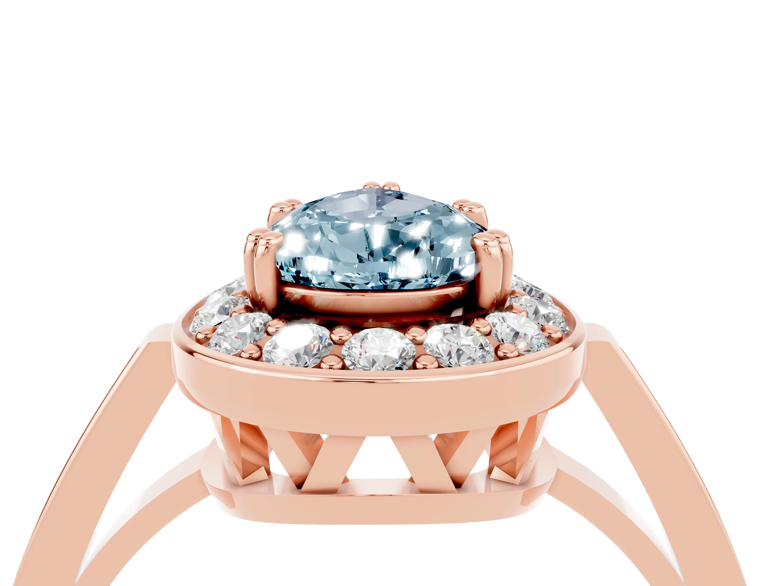 Rose gold Pear Cut Aquamarine Halo Ring with Split Shank and Four-Prong Setting_4