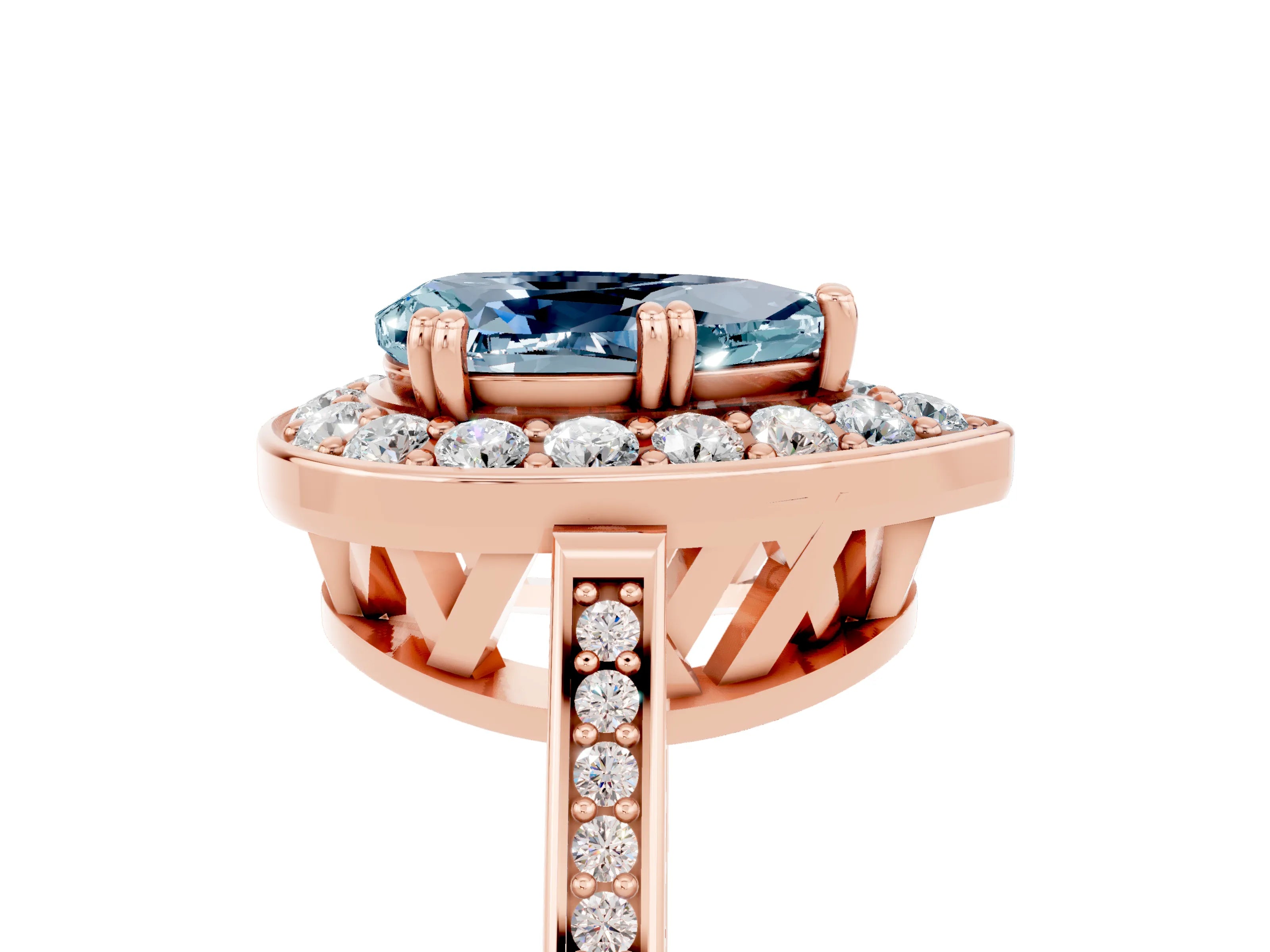 Rose gold Pear Cut Aquamarine Halo Ring with Split Shank and Four-Prong Setting_5