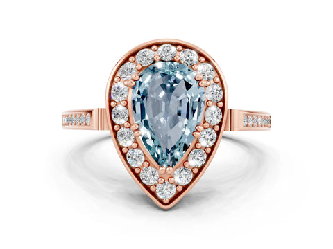 Rose gold Pear Cut Aquamarine Halo Ring with Split Shank and Four-Prong Setting