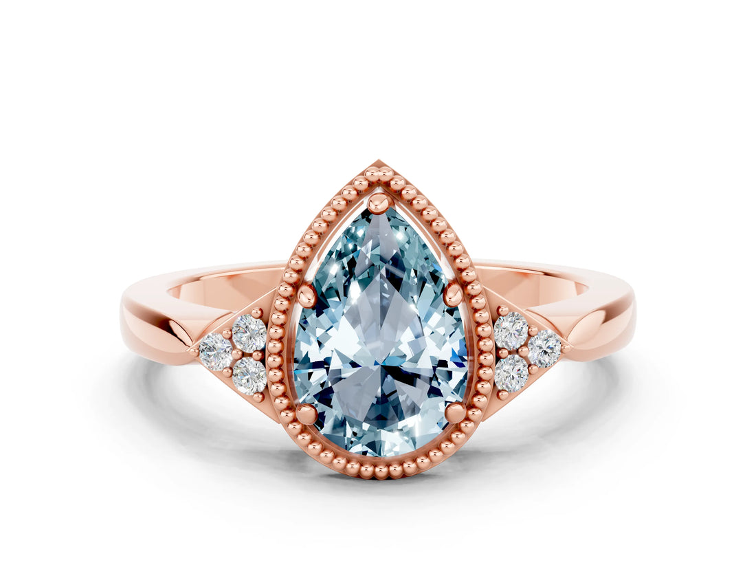Rose gold Pear Cut Aquamarine Halo Ring with Tapered Band and Four-Prong Setting